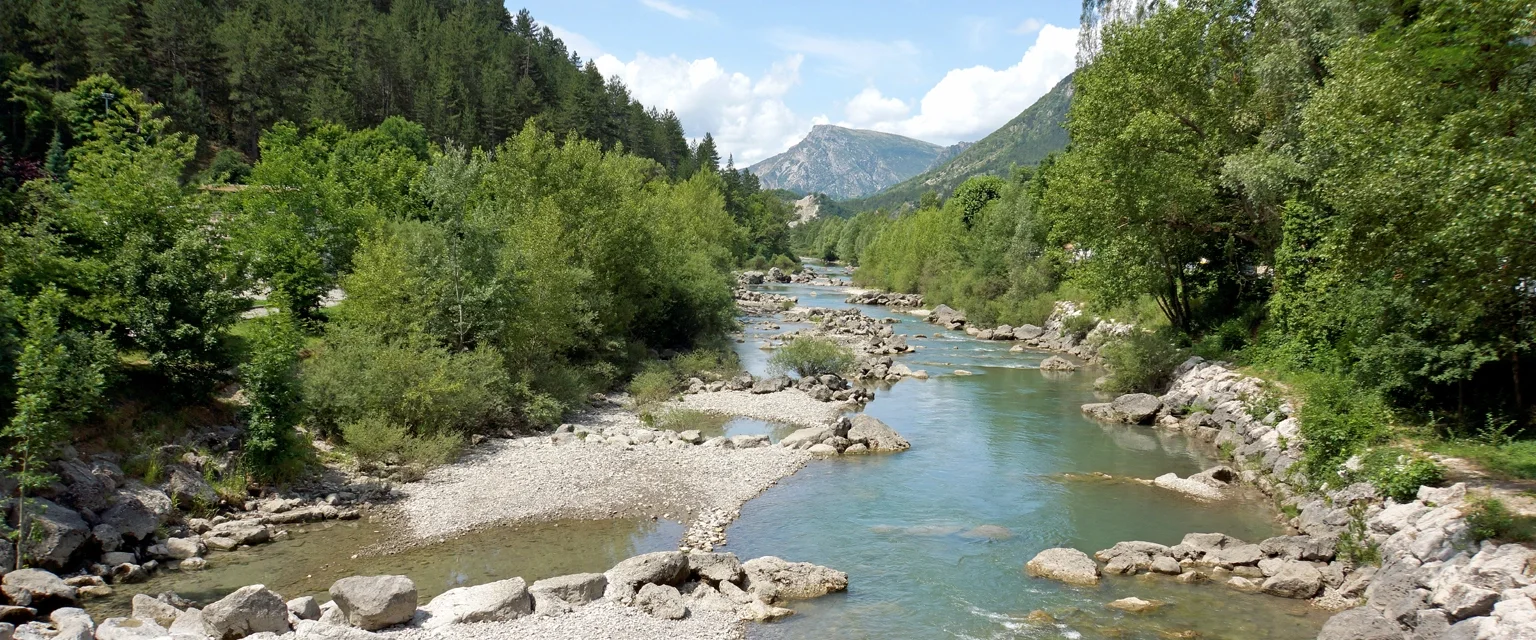 Rivier met rotsen in de bergen